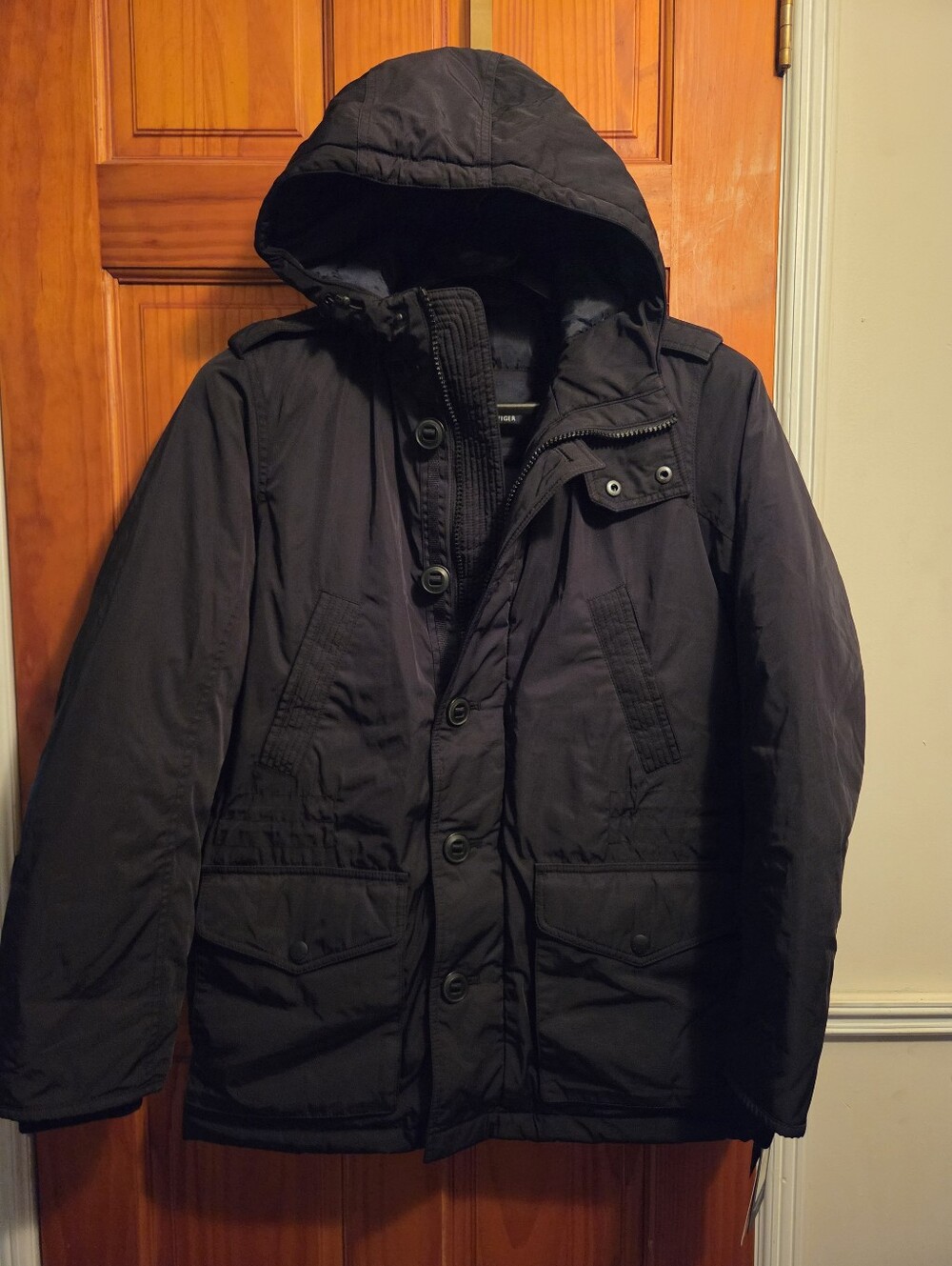Tommy Hilfiger Men’s Poly Twill Mid-Length Hooded Parka Winter Coat Size M Black